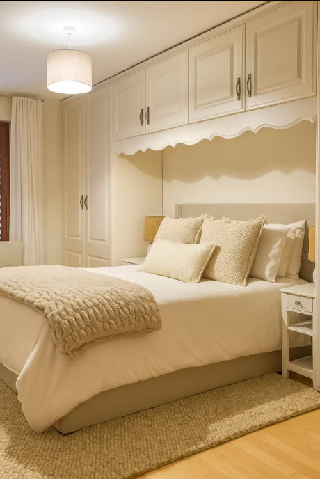 Cozy bedroom with a white bed, beige throw blanket, multiple pillows, built-in cabinets, and a window with curtains.