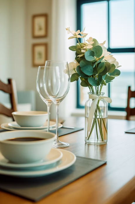 A dining table set with stacked bowls, two empty wine glasses, and a vase with greenery and white flowers, near a window in a well-lit room.