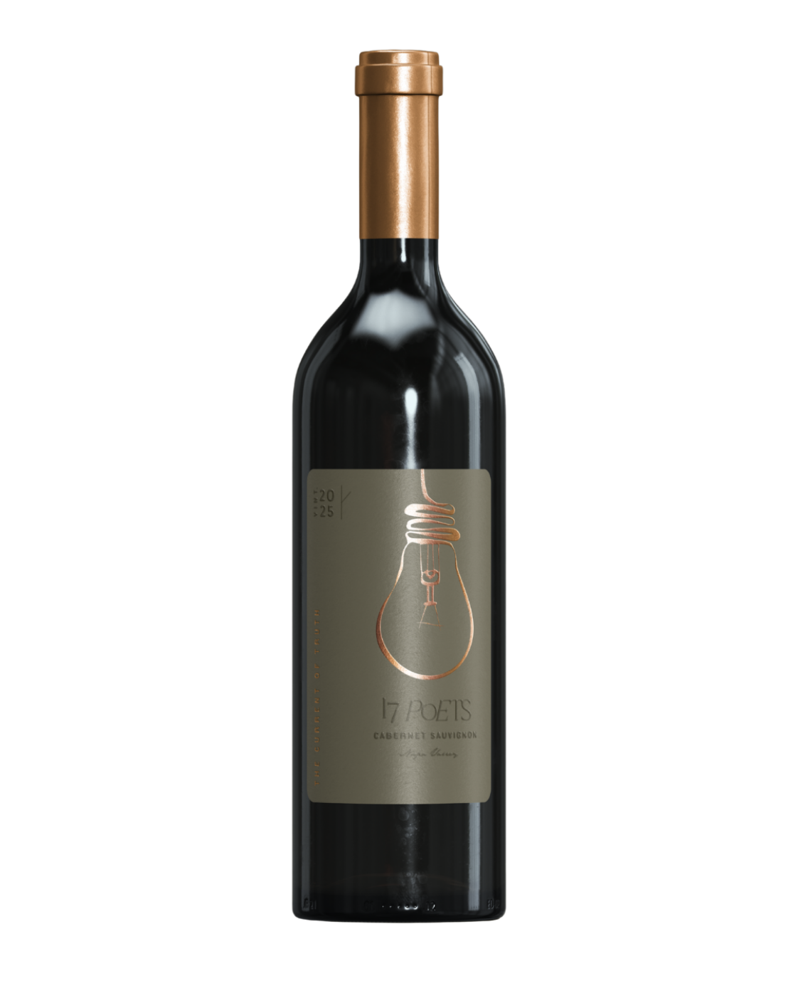 A bottle of 17 Poets Cabernet Sauvignon wine with a bronze cap and a label featuring a light bulb illustration.