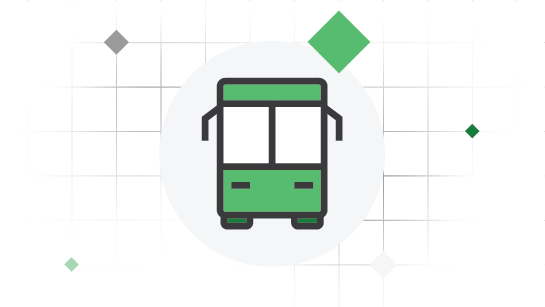 Icon of a green bus within a graphic with geometric shapes and a grid background.