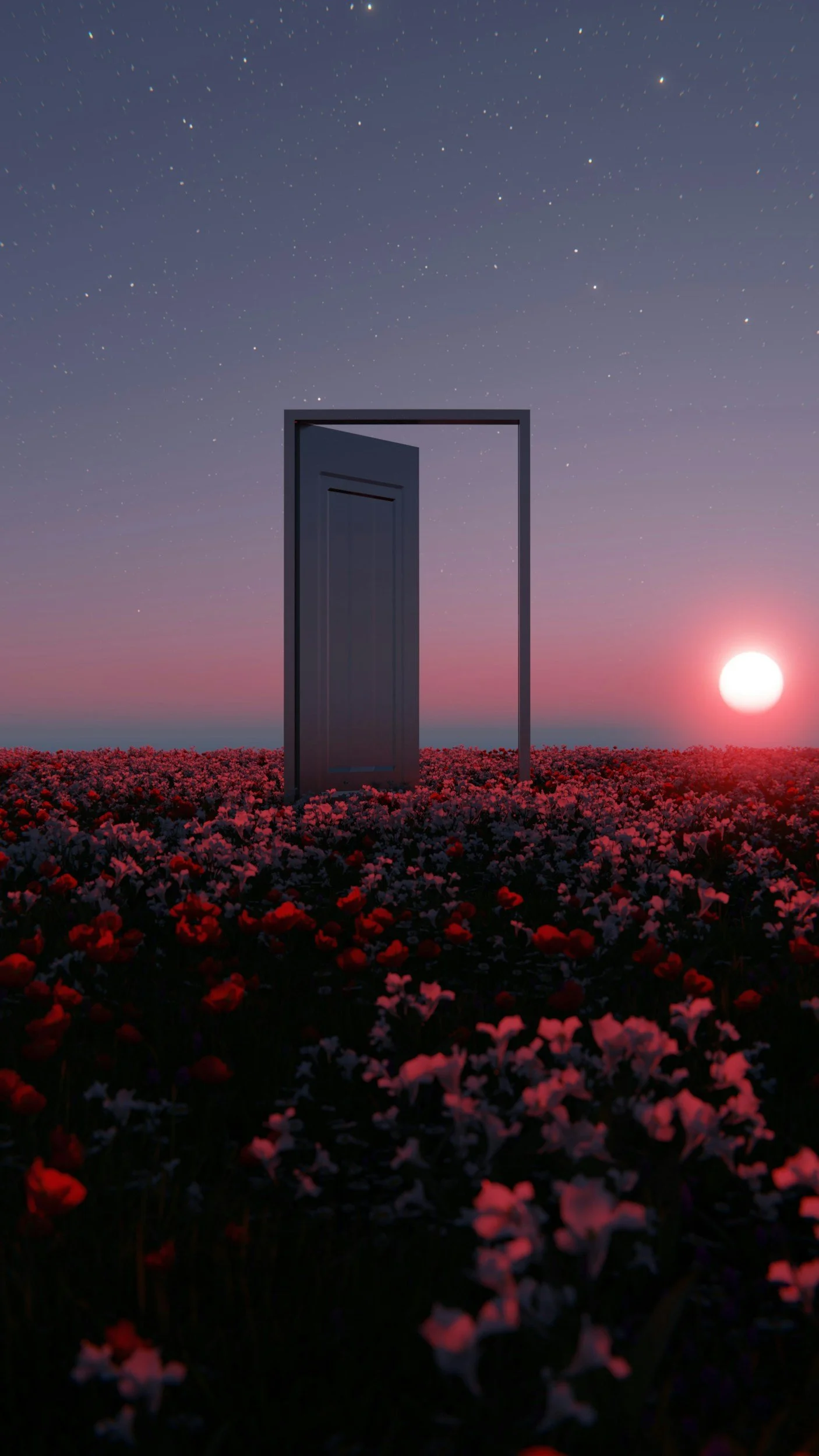 A surreal digital artwork showing a doorway standing in a field of pink and red flowers under a starry night sky with a bright full moon in the background - Discover Narrative Coaching.