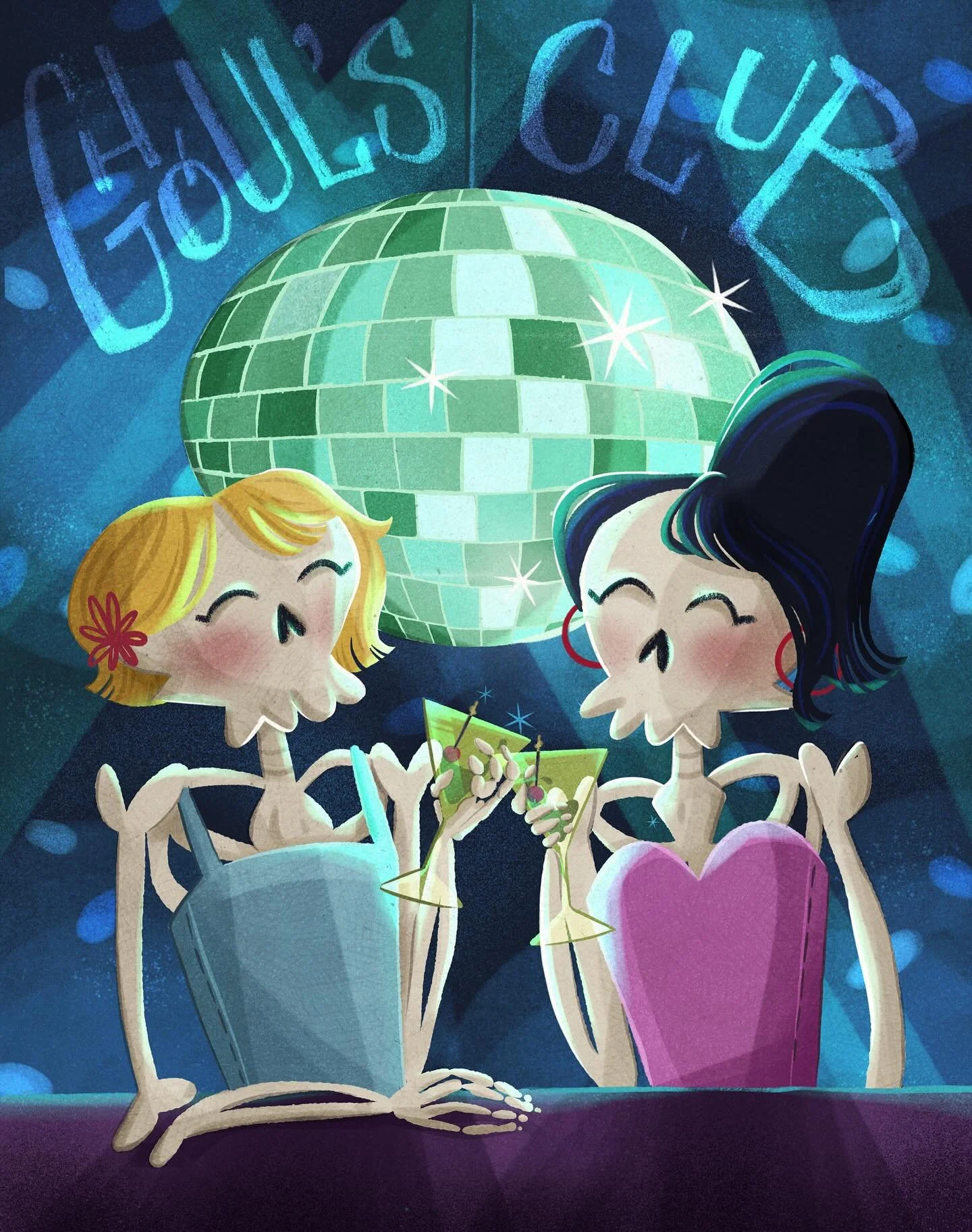 My submission for prompt set 1 of #galoweenartchallenge2025 &mdash; I combined Ghoul&rsquo;s Night Out and Skeleton Sisters. Inspired by my BFF ☠️💕👯&zwj;♀️

Week 1 - Ghoulfriends Forever
Oct 1- 7
Ghouls Night Out
Skeleton Sisters
Meowgical Night

H