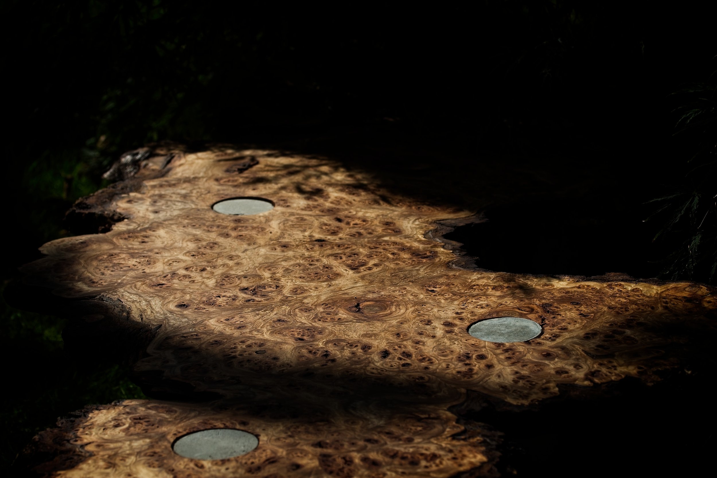 “Untamed Balance” by Felix Pordzik — handcrafted wood and concrete sculpture blending organic burl textures with geometric balance.
