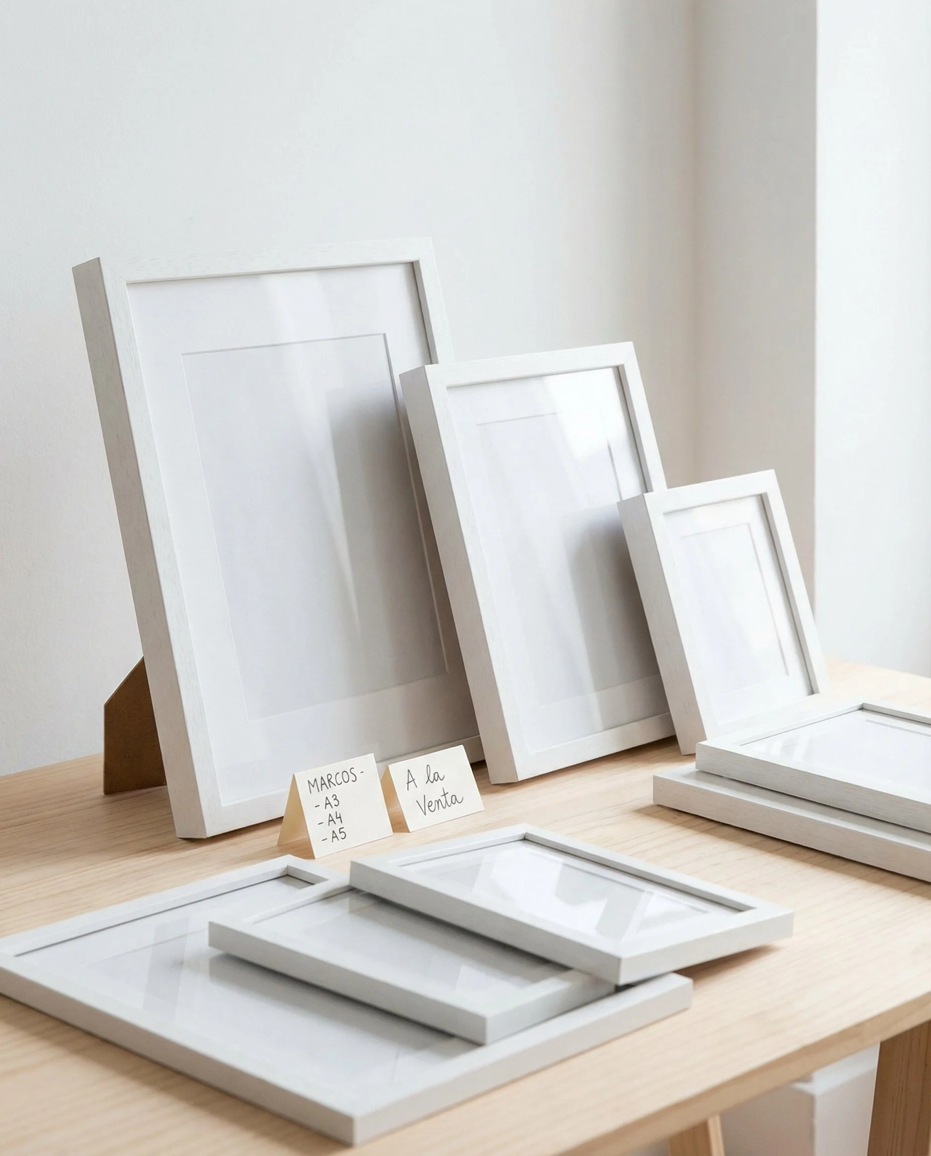 Varios marcos de diferentes tamaños en color blanco en una mesa de madera, con etiquetas que indican los tamaños A3, A4, y A5, y un cartel que dice 'A la Venta'.