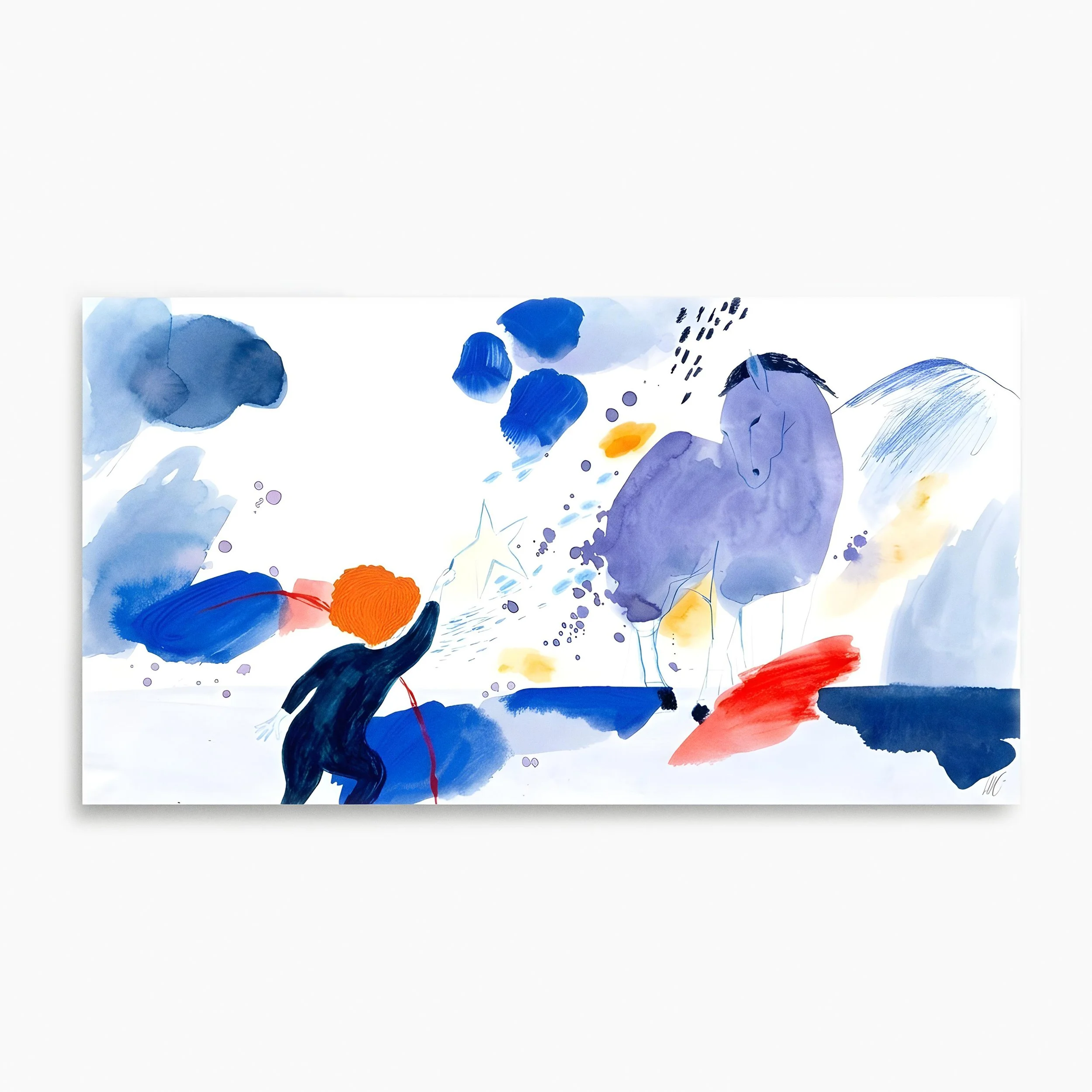 Ilustración abstracta de un niño lanzando globos en un cielo colorido con caballo.