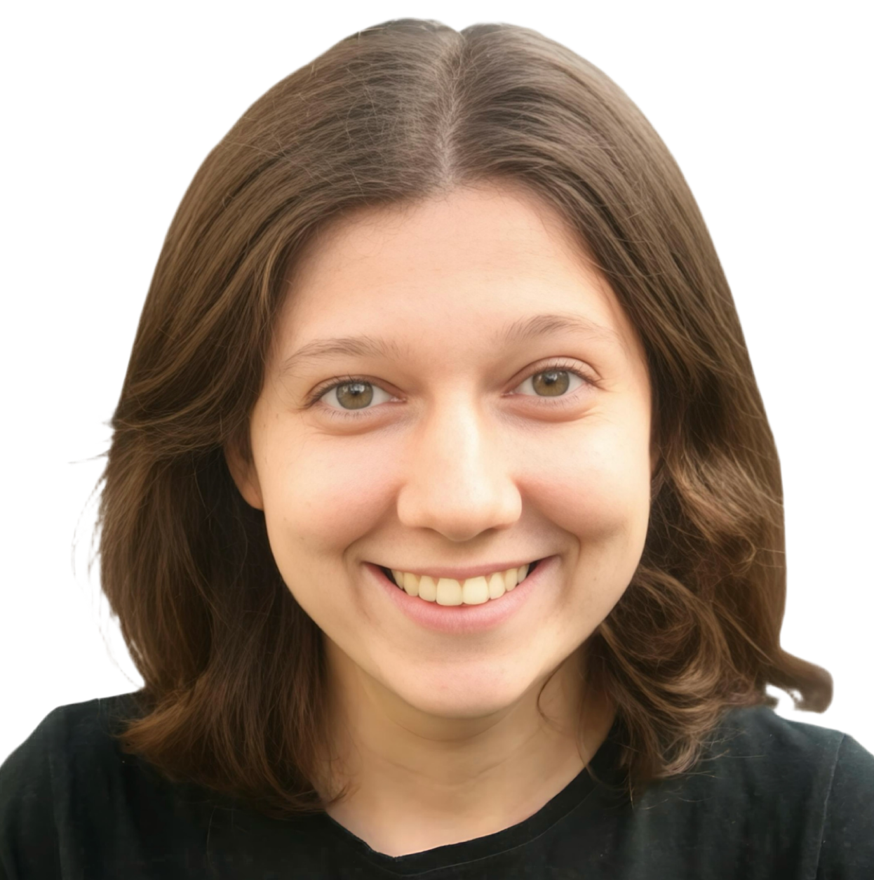 A young woman with shoulder-length brown hair and light skin, smiling, wearing a black shirt.