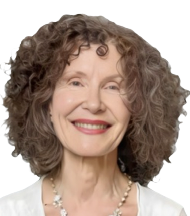 A smiling middle-aged woman with curly brown hair wearing a white top and a pearl necklace.