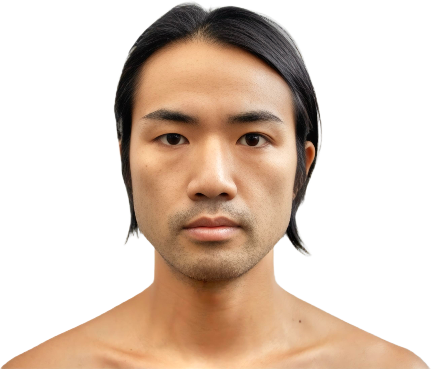 Portrait of a young Asian man with black hair and bare shoulders, facing forward against a plain background.