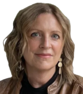 Close-up of a woman with wavy blonde hair, wearing a brown jacket and large earrings, against a red background.