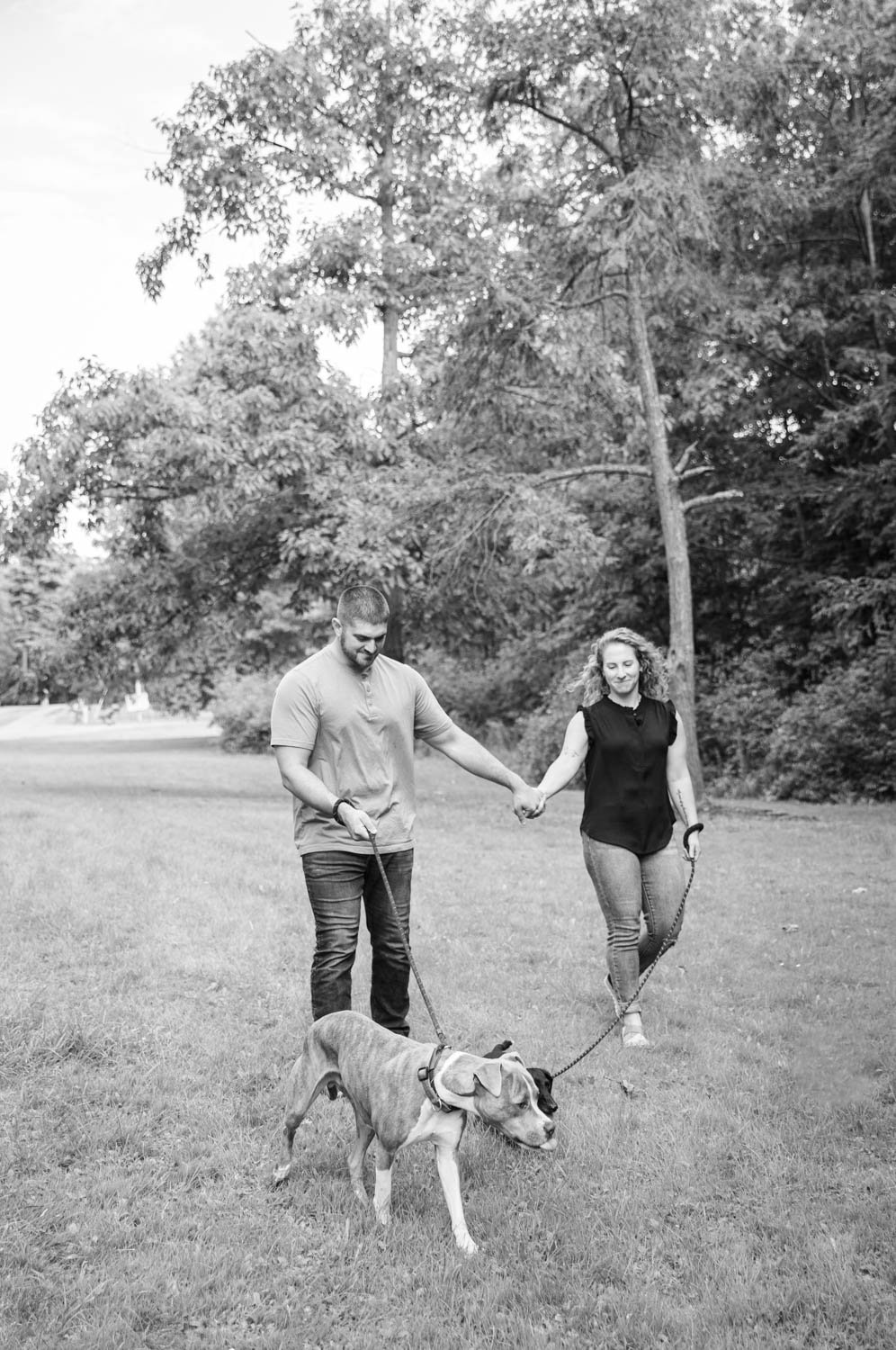 A black-and-white photo of a couple walking their dog in a park, holding hands, with trees in the background.