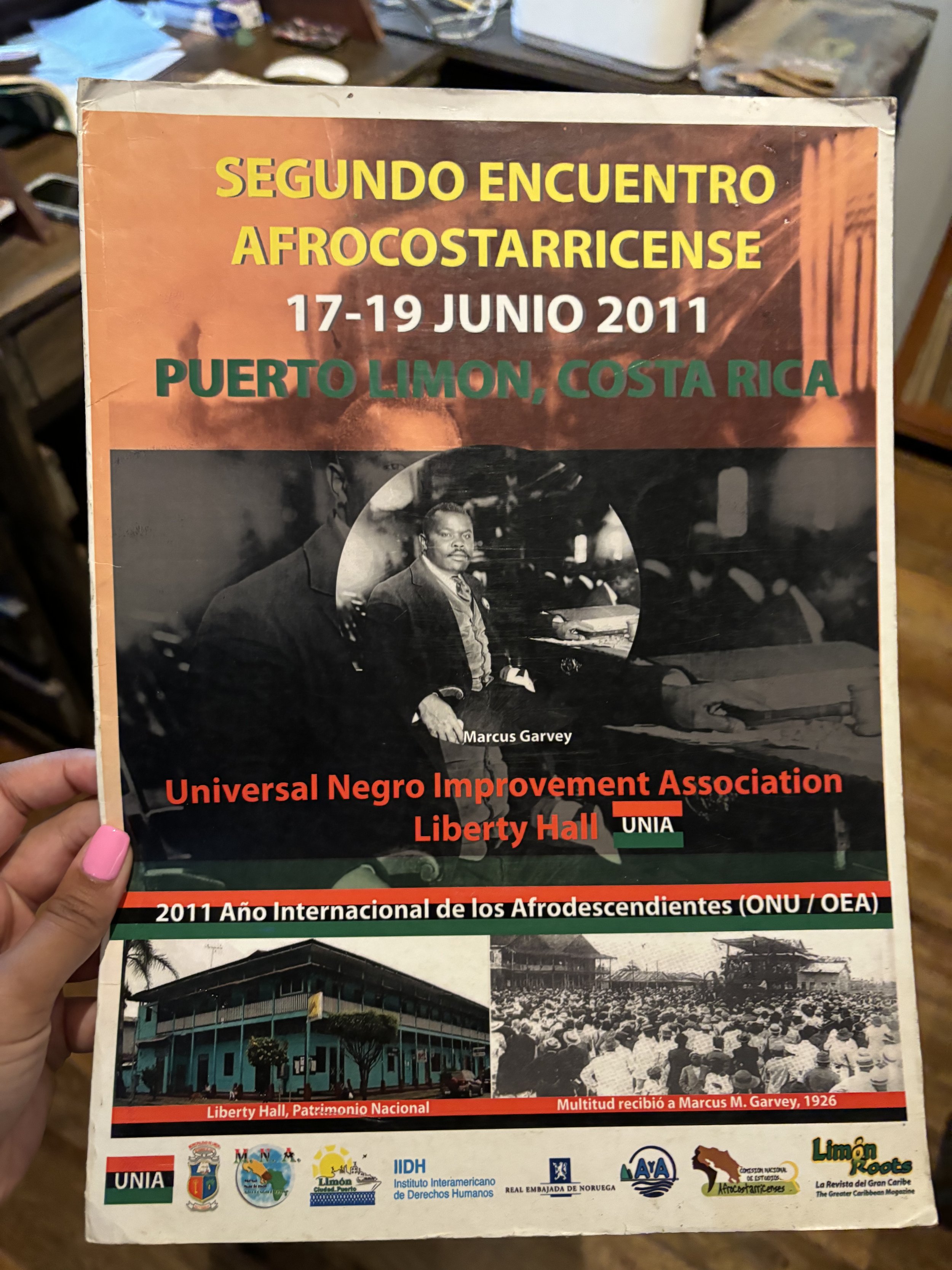 Brochure titled "Segundo Encuentro Afrocostarricense." Marcus Garvey appears on the front. Image of Liberty Hall in Puerto Limón.