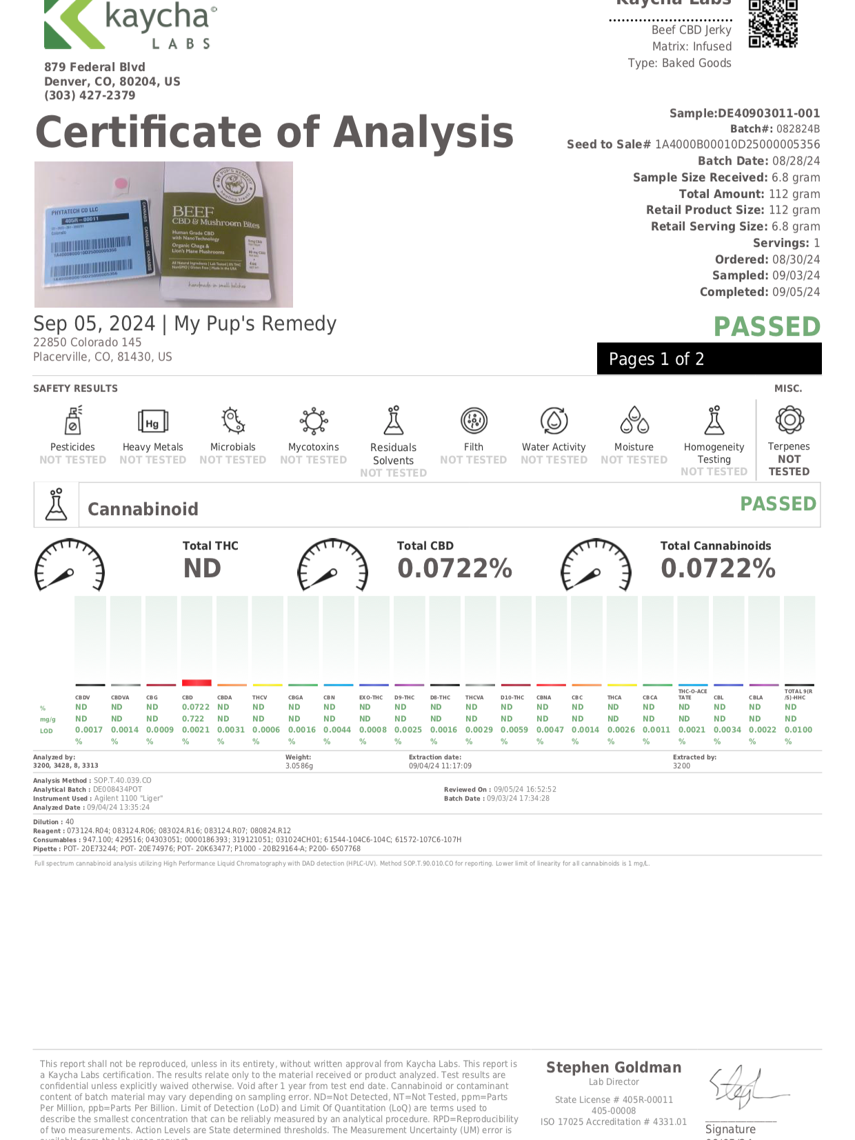 Laboratory test report for beef CBD mushroom bites showing test results, batch information, and certification details.