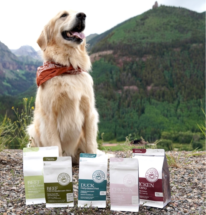 Golden retriever dog wearing a bandana around its neck sitting outdoors on rocky terrain with a mountain and green forest in the background, surrounded by bags of dog treats.
