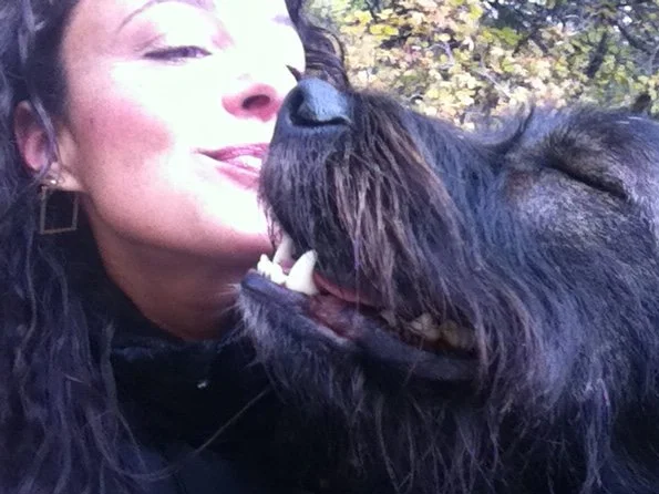 A woman with black hair and gold earrings is smiling as a large black dog with a beard nuzzles her face outdoors.