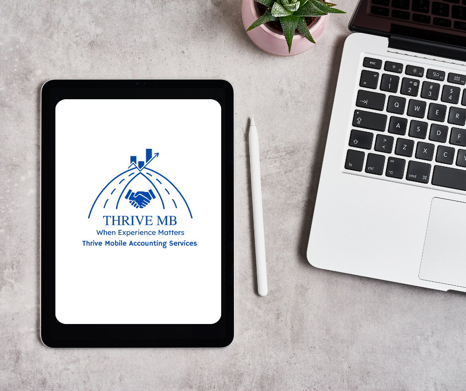 A tablet displaying the Thrive MB logo with a handshake and rising bar graph, a white stylus, part of a laptop, and a small potted plant on a light gray textured surface.