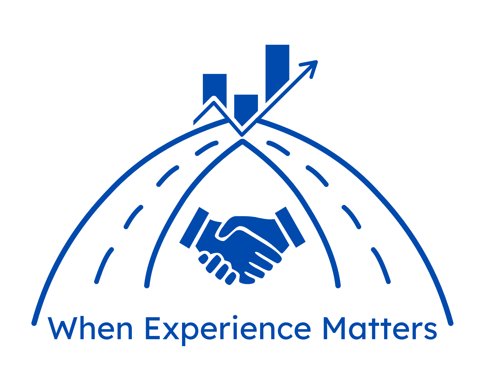 A logo with a handshake, stylized roads, bar chart, and an upward arrow. Text reads 'When Experience Matters'.
