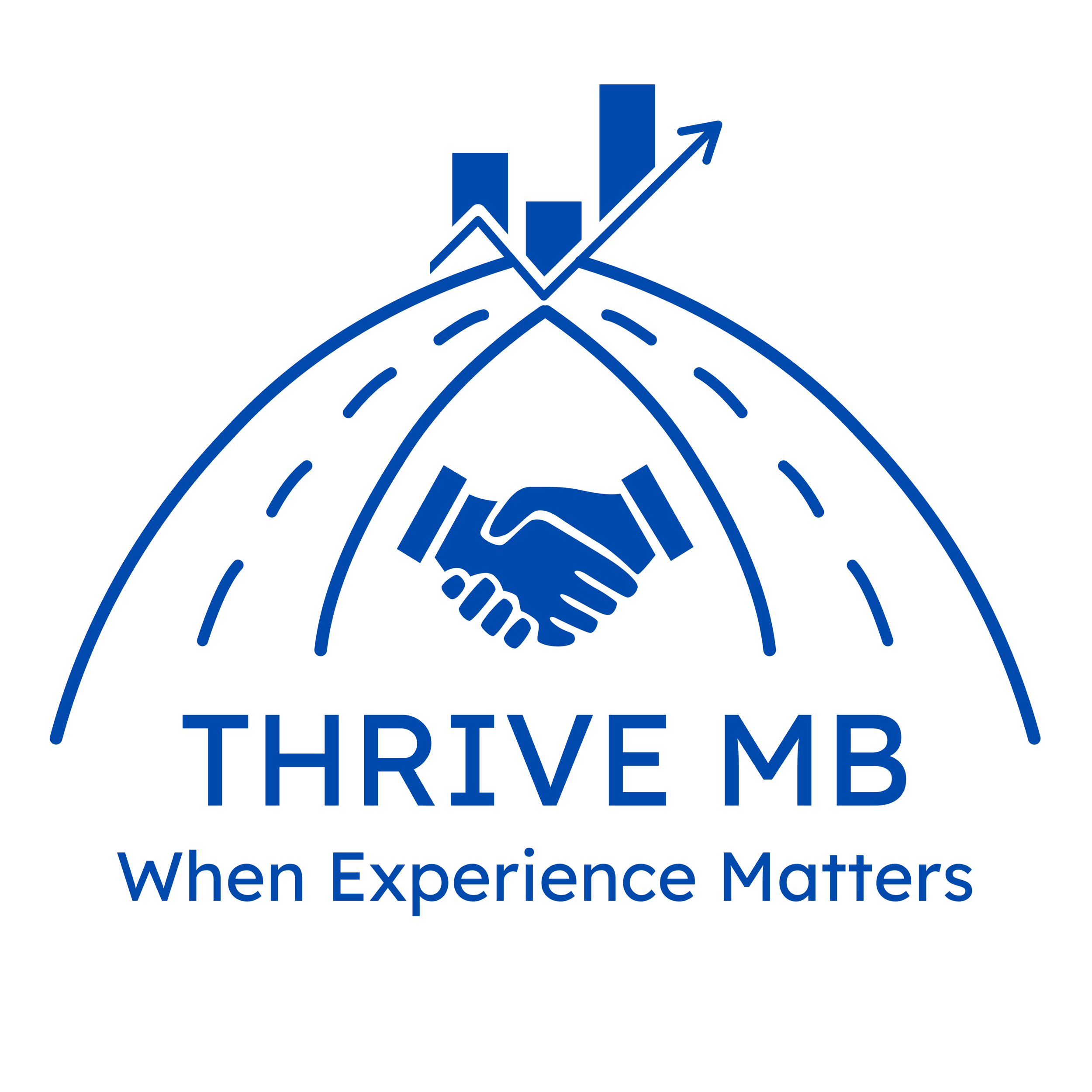 Logo of THRIVE MB featuring a handshake, a road, and bar graphs with an upward arrow, with the slogan 'When Experience Matters'.