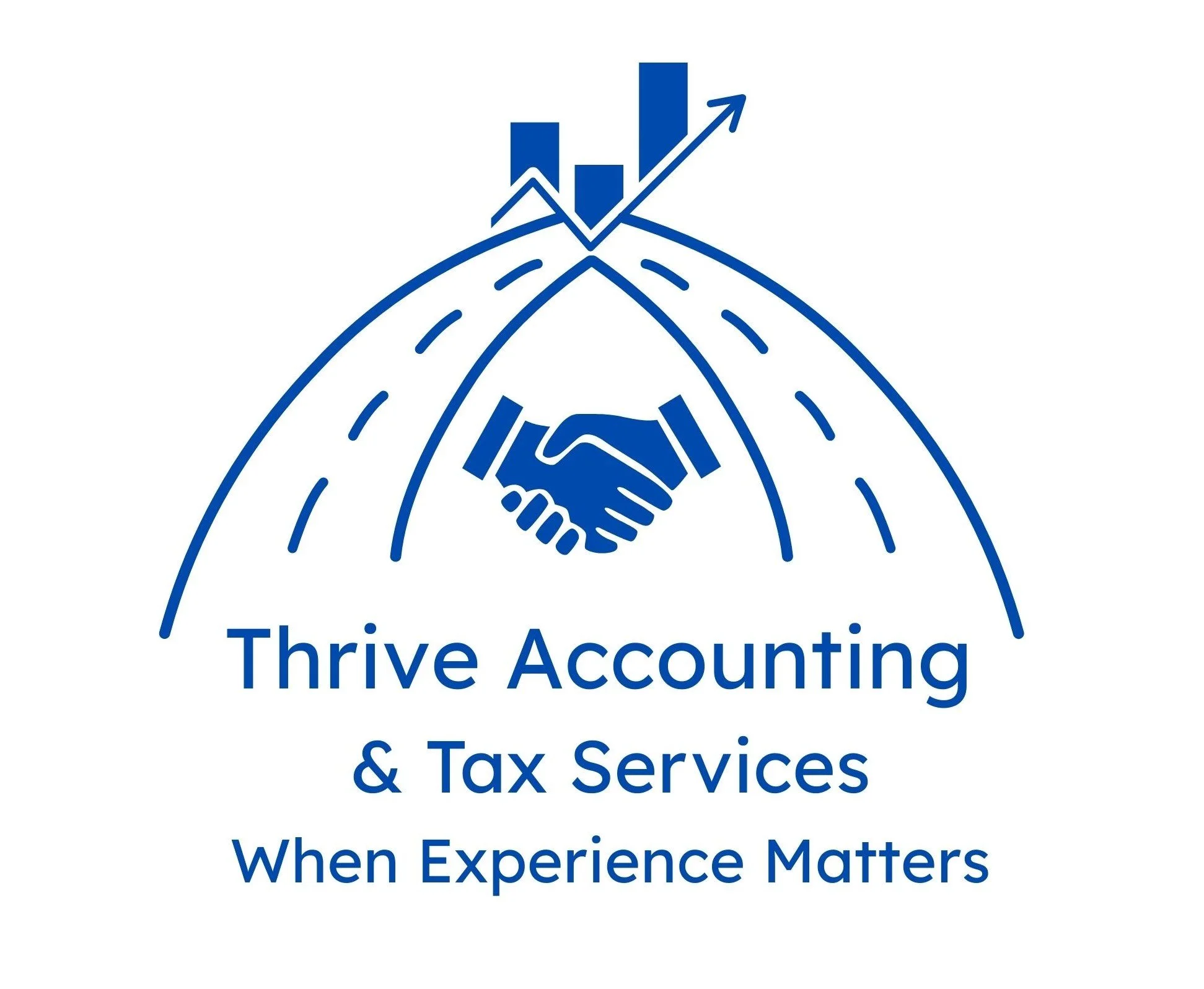 Logo with handshake, upward trending arrow, and road elements. Text reads: 'Thrive Accounting & Tax Services When Experience Matters'.