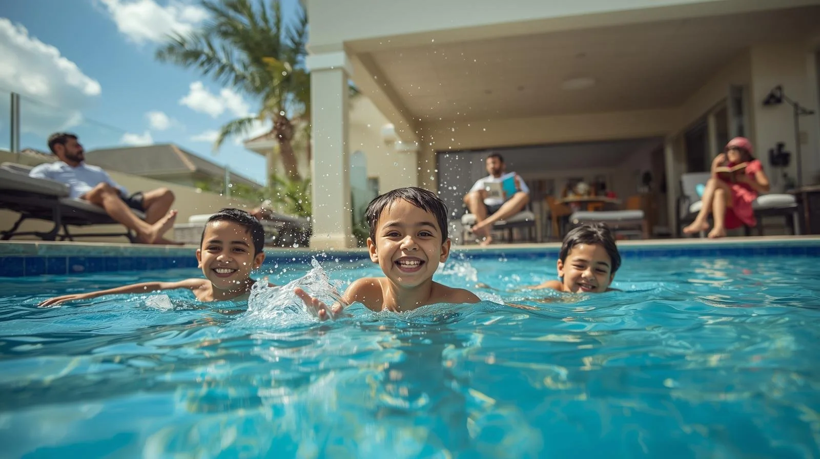 picture that will show children playing in the pool of the beuatiful villa in florida with parents reading a book and enjoying the sun.jpg