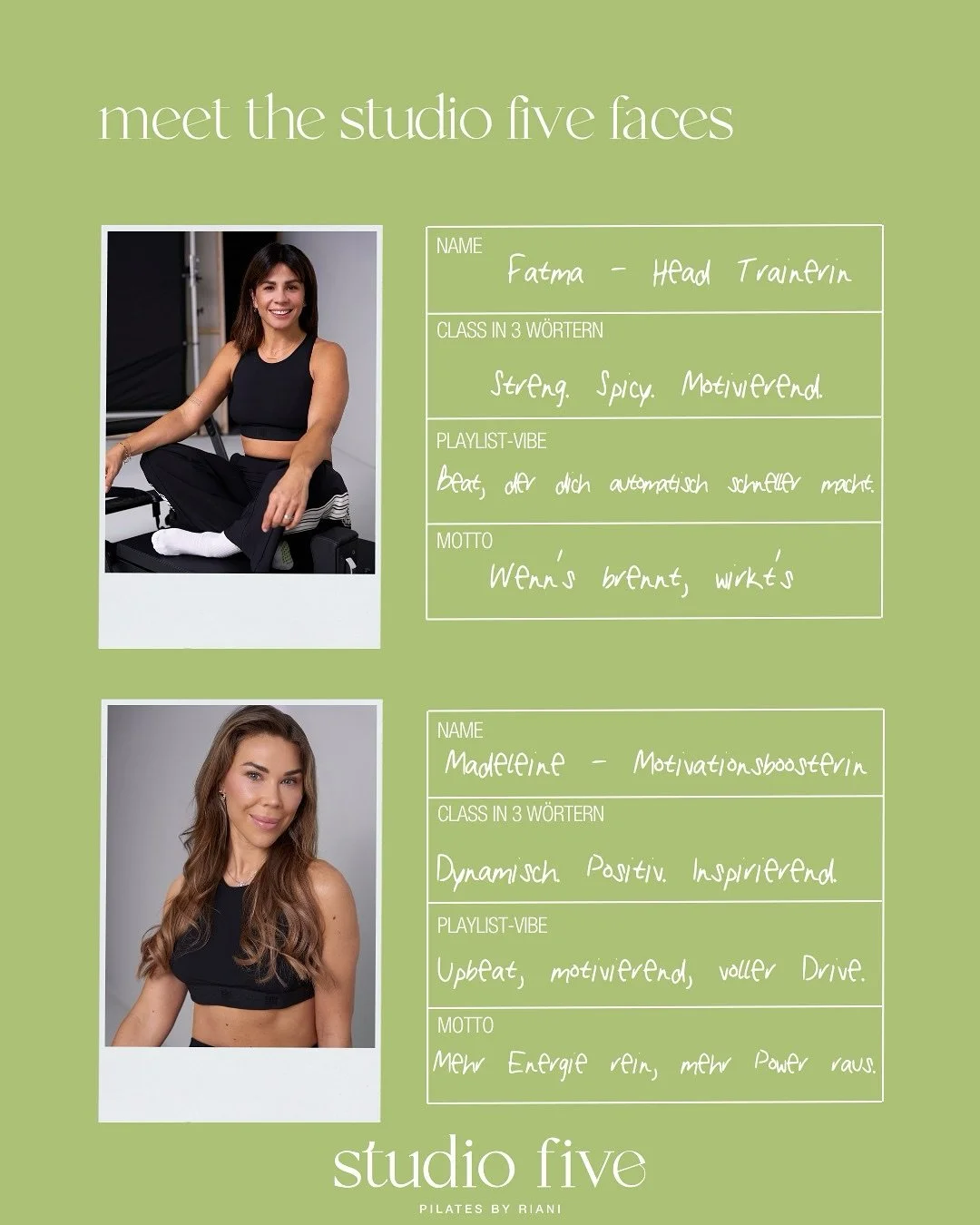 meet our team - and then come train with us🫶🏼 

Ab Morgen starten die ersten Classes. Wir freuen uns auf euch! 

www.studio-five.de
#pilates #studiofive