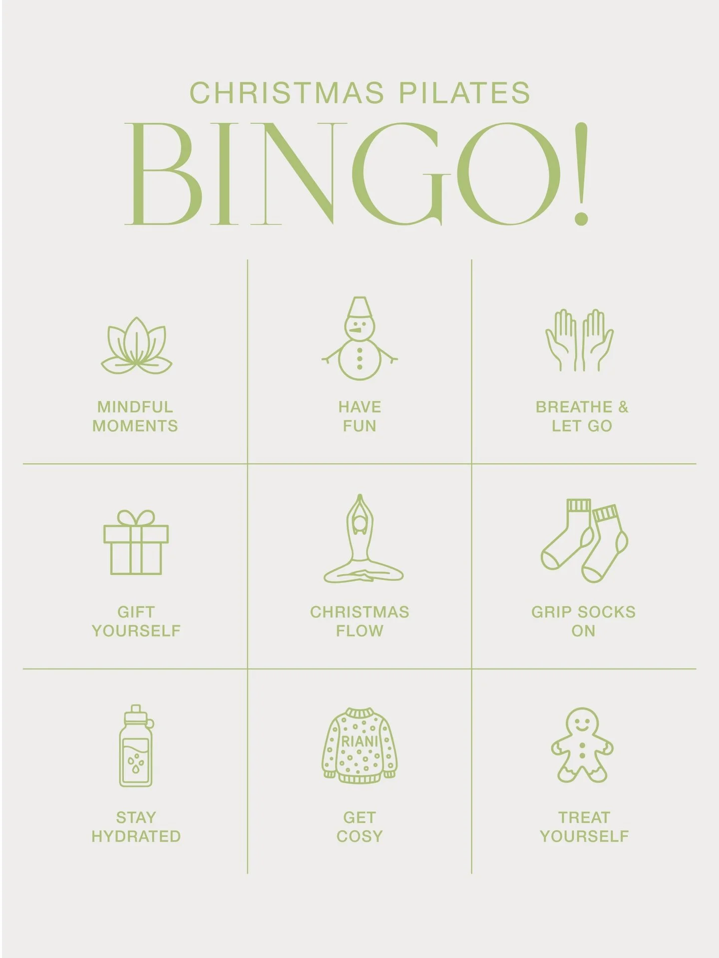 studio five XMAS BINGO 🌲

Wir w&uuml;nschen euch frohe Weihnachten und eine ruhige Zeit, voller sch&ouml;ner  Momente. 

www.studio-five.de
#pilates #studiofive