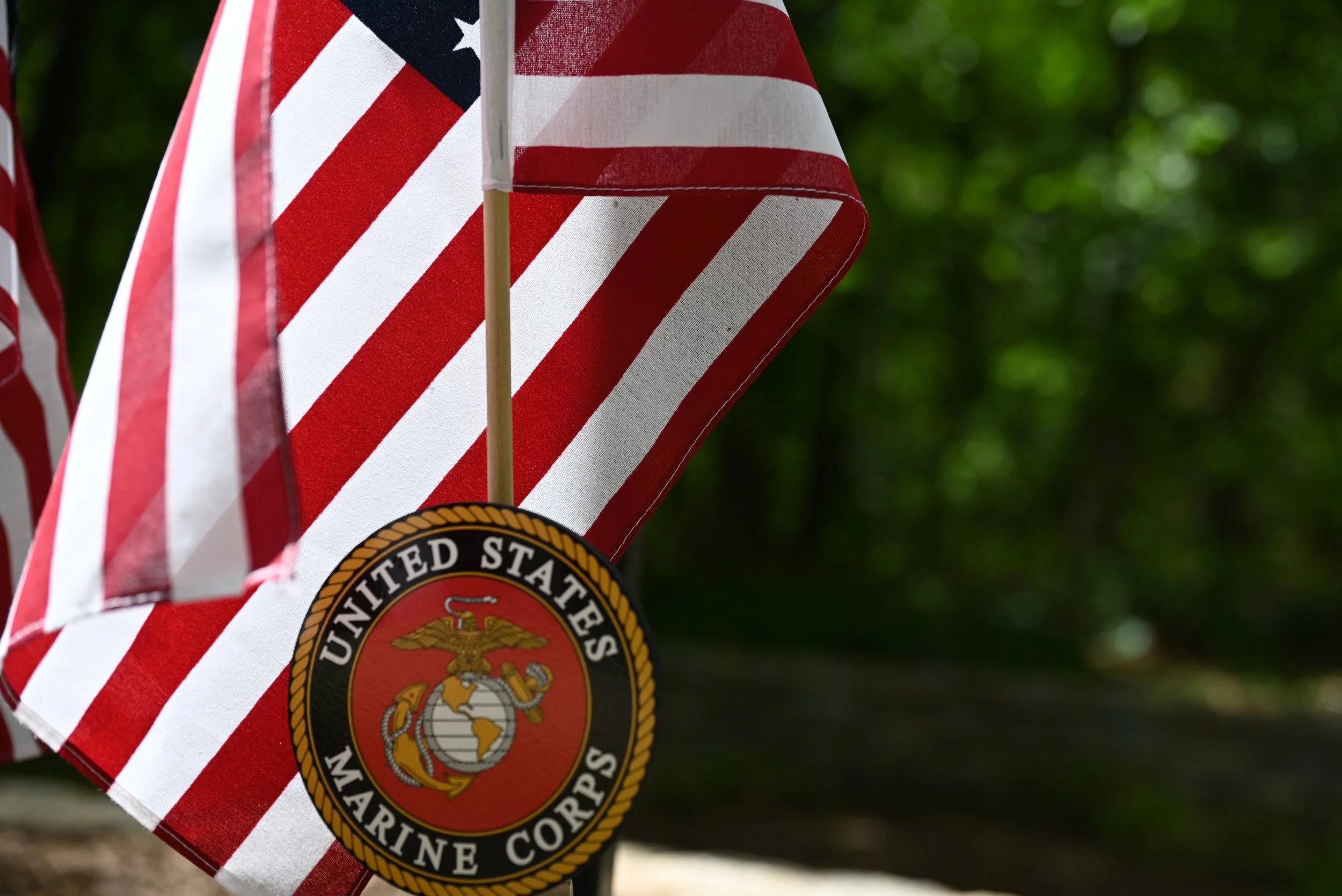 U.S. Marine Corps flags with a Marine Corps emblem in the foreground, displayed outdoors with a blurred green leafy background.