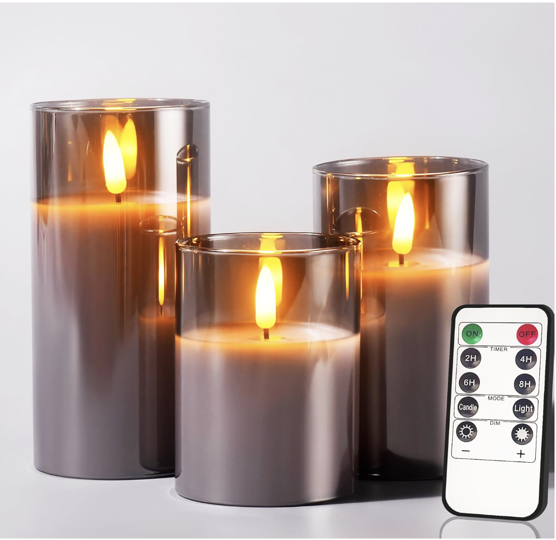Glass Battery Operated LED Flameless Candles with Remote and Timer, Real Wax Candles Warm Color Flickering Light 