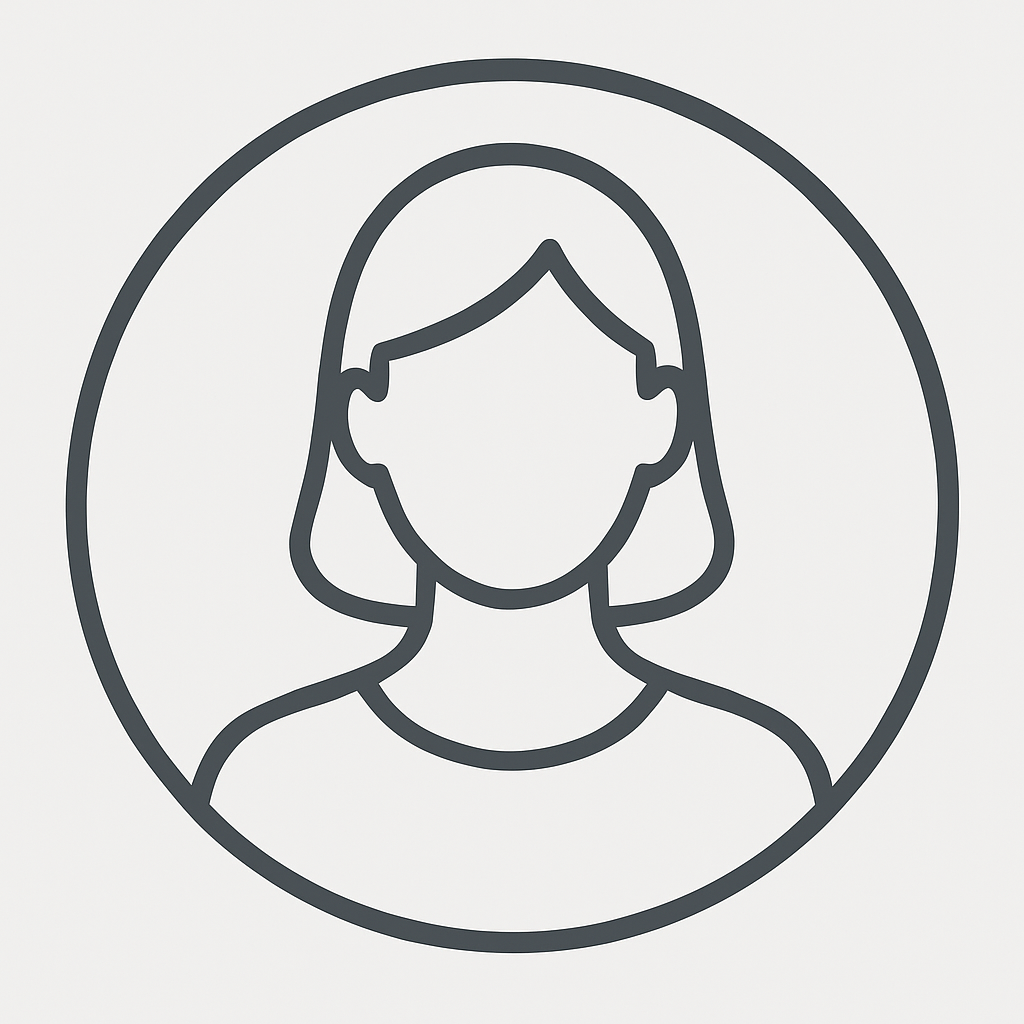 Line drawing of a woman with shoulder-length hair, inside a circular frame.