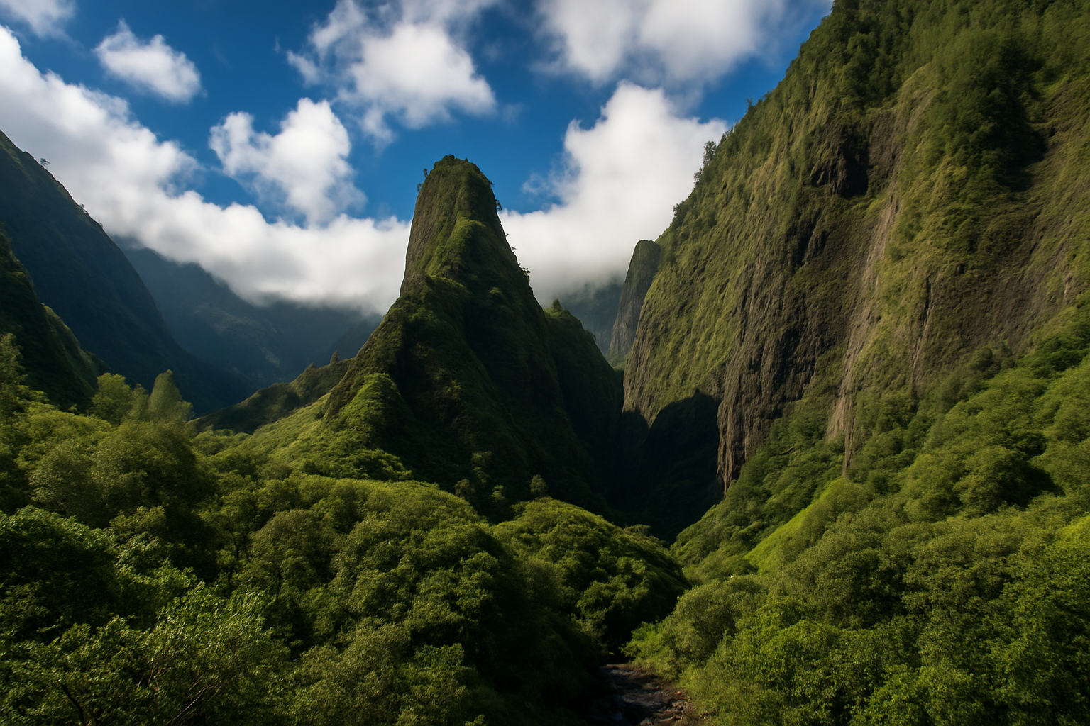 Lush green mountains with steep cliffs and a valley, under a partly cloudy blue sky.