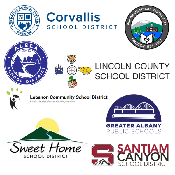 Logos for Corvallis School District, Philomath School District, Alsea School District, Lincoln County School District, Lebanon Community School District, Greater Albany Public Schools, Sweet Home School District, and Santiam Canyon School District