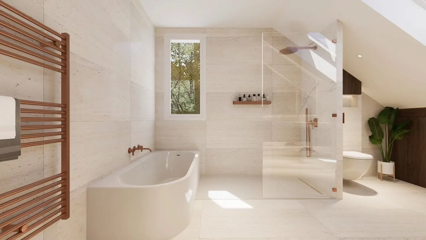 L'&eacute;l&eacute;gance du travertin et du cuivre ✨️

Cette salle de bain &agrave; &eacute;t&eacute; imagin&eacute;e comme un v&eacute;ritable cocon de bien-&ecirc;tre o&ugrave; la lumi&egrave;re naturelle dialogue avec des mat&eacute;riaux nobles e