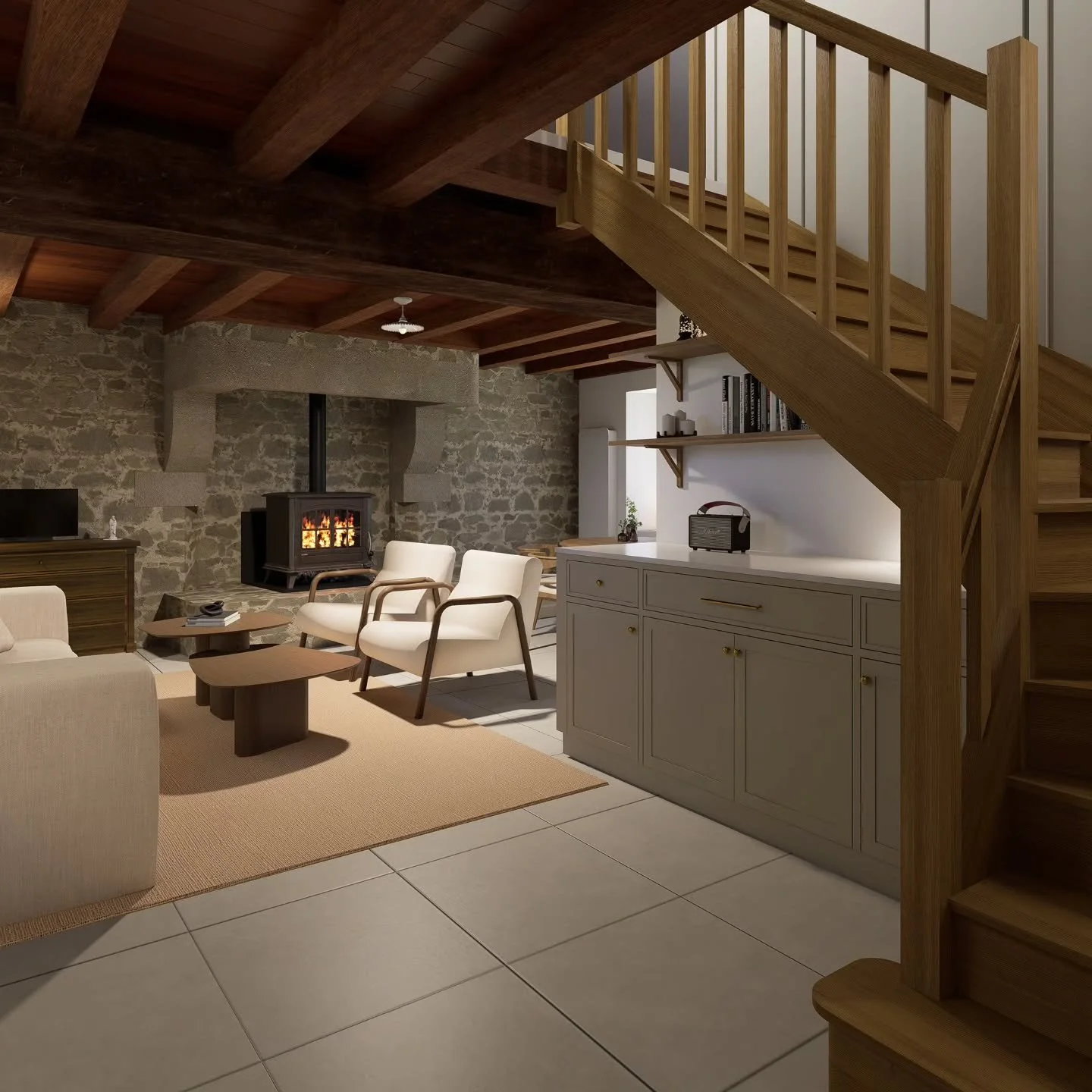Le charme de l'ancien, optimis&eacute; pour le quotidien 

Zoom sur la transformation de cette pi&egrave;ce de vie. Un travail minutieux pour int&eacute;grer du mobilier sur mesure sous l&rsquo;escalier, habiller le mur d&rsquo;un subtil jeu de tasse