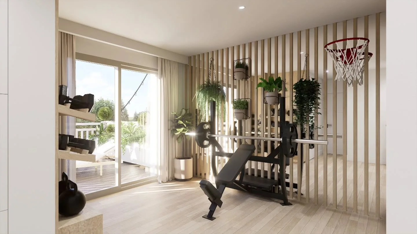 Un espace polyvalent, pens&eacute; pour allier &eacute;nergie et concentration.

Musculation, yoga et travail cohabitent dans une m&ecirc;me pi&egrave;ce, offrant un cadre &agrave; la fois dynamique et apaisant.

Le grand balcon surplombant la cuisin
