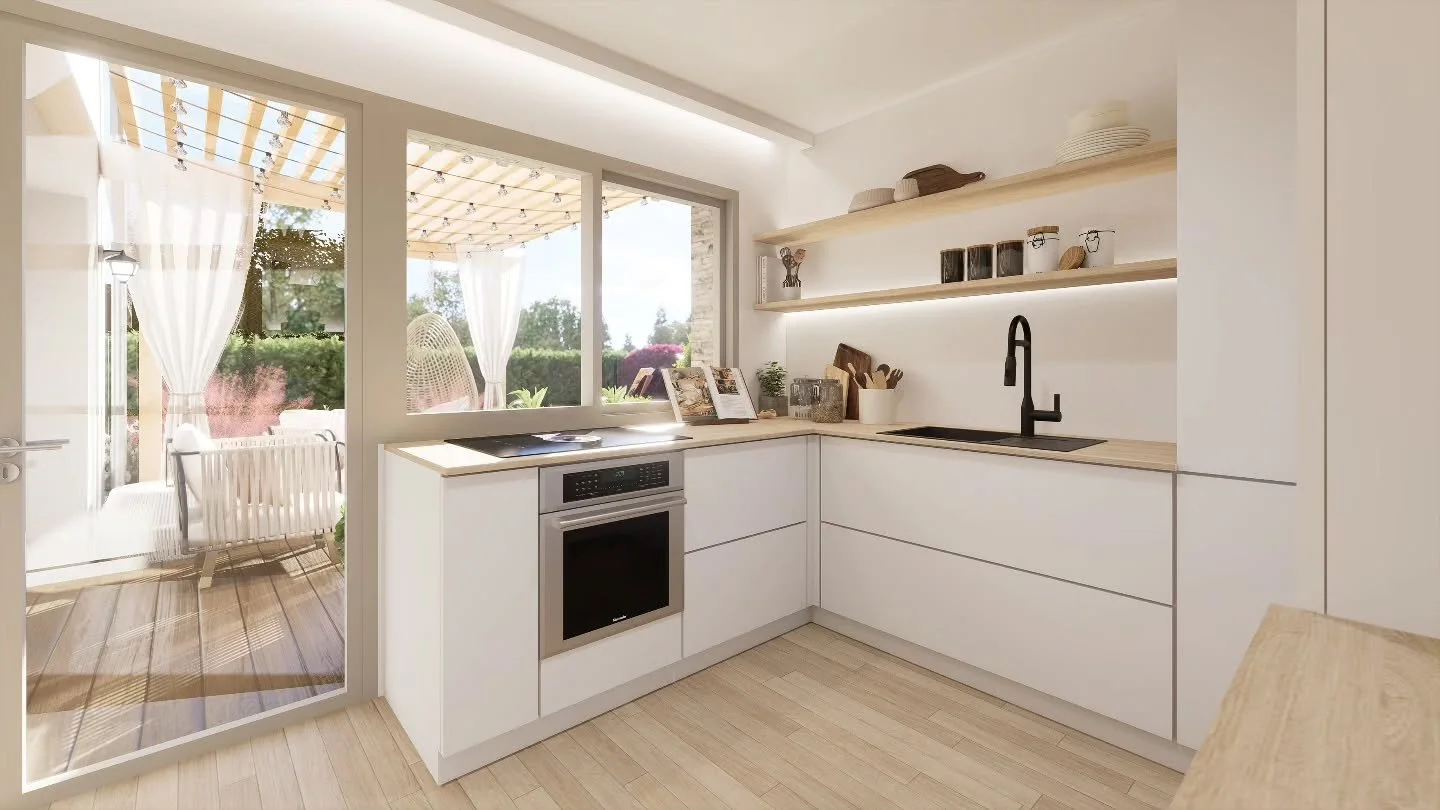 Une cuisine pens&eacute;e comme un lieu de vie.
Implant&eacute;e en U, elle associe la puret&eacute; du blanc &agrave; la chaleur du bois, dans un jeu d'&eacute;quilibre entre douceur et caract&egrave;re. 
Les lignes sont soulign&eacute;es par un &ea
