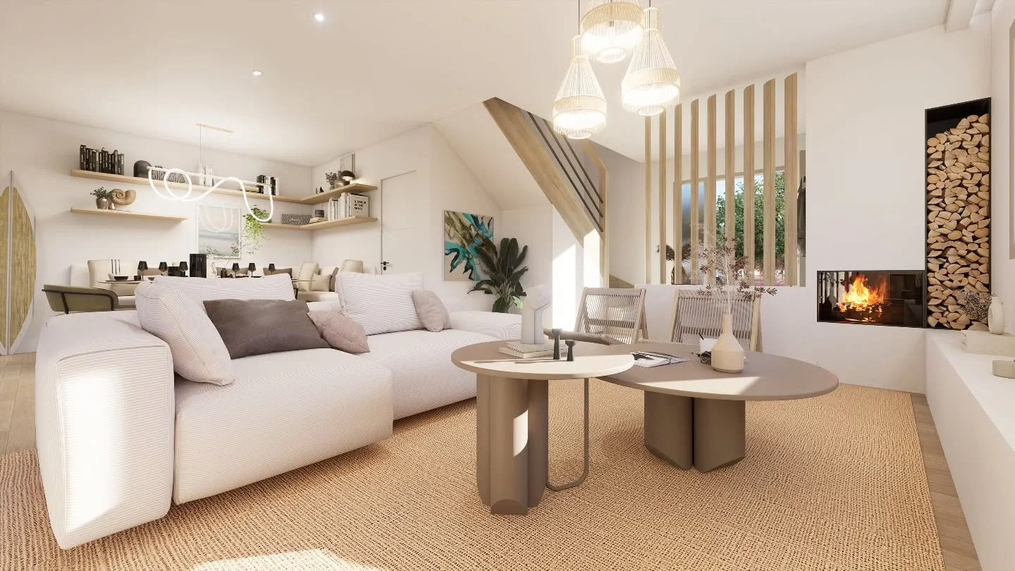 L&rsquo;espace de vie, c&oelig;ur de la maison

Un grand volume ouvert qui r&eacute;unit salon et salle &agrave; manger autour de la lumi&egrave;re et de la mati&egrave;re.
Le travail a port&eacute; sur la fluidit&eacute; entre les usages, la chaleur