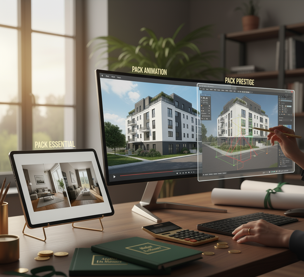 Un ordinateur de bureau affiche une modélisation 3D d'un immeuble résidentiel, avec des outils de conception, à côté d'une tablette montrant des photos d'intérieurs. Le bureau est décoré avec des plantes, des livres et des objets de bureau.