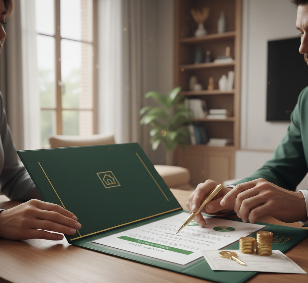 Deux personnes en costume discutent d'un contrat d'assurance ou d'investissement, avec des pièces de monnaie, une clé et un document sur la table dans une pièce lumineuse avec bibliothèque.