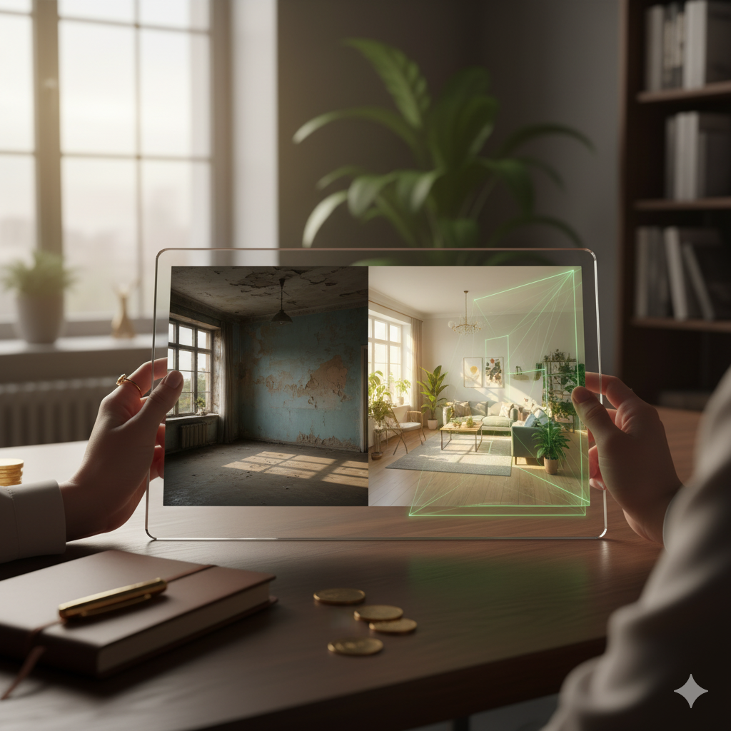 Une personne tient un écran transparent affichant une comparaison entre une pièce vide et une pièce moderne meublée et lumineuse, avec un environnement de bureau en arrière-plan.