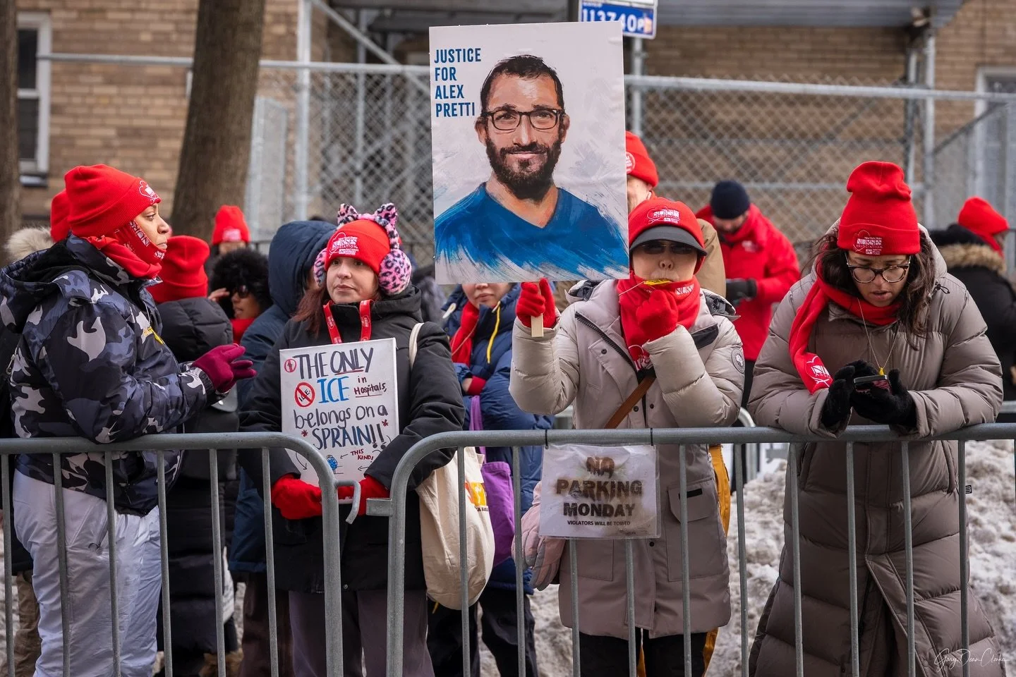 "The only ice in hospitals belongs on a sprain!!" New York State Nurses Association on a picket line outside of Mount Sinai Hospital fighting for fair health benefits, protection for both nurses and patients from ICE in the hospitals, and t