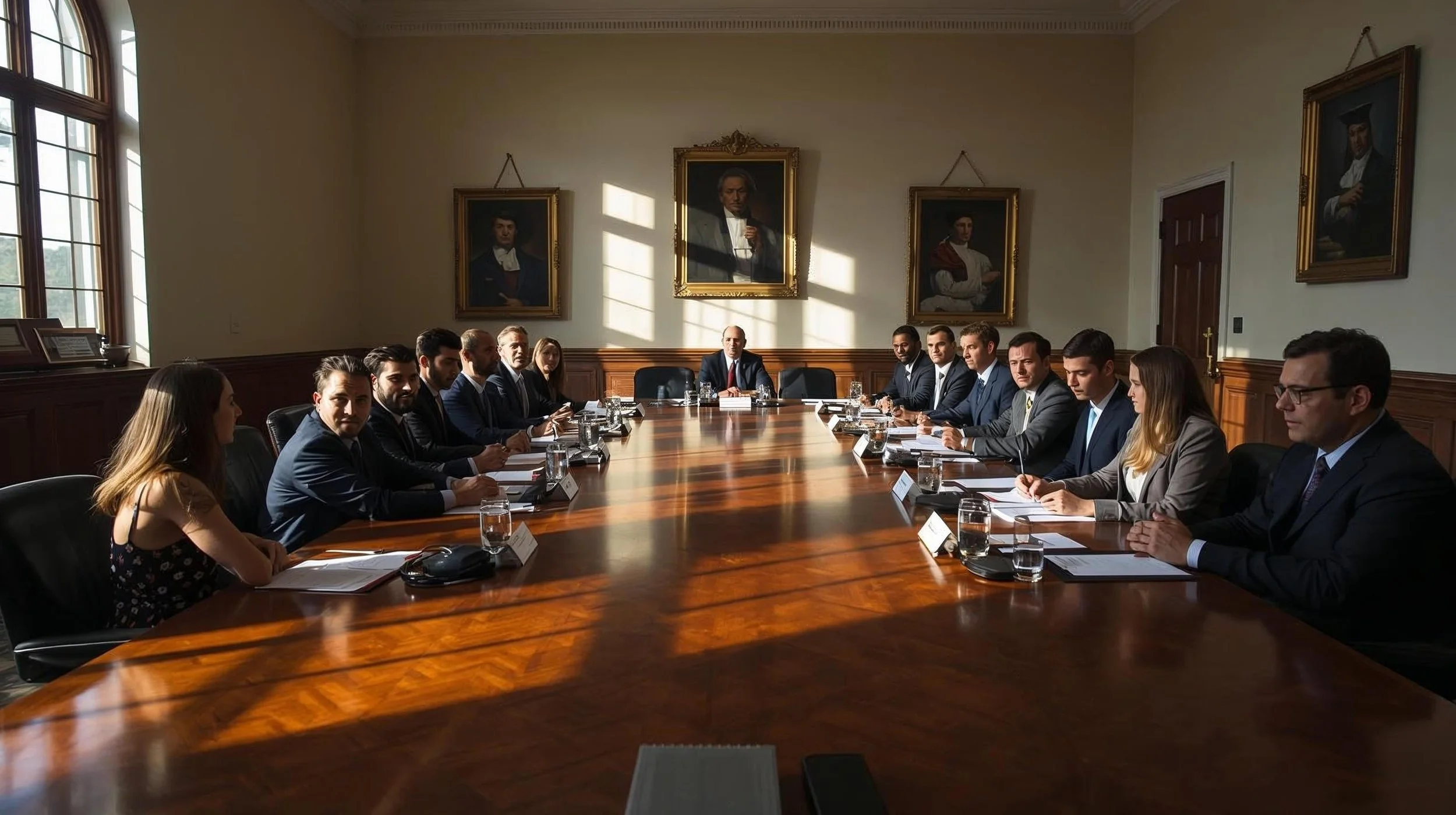 Generate a 4k image illustrating University boardroom meeting.jpg