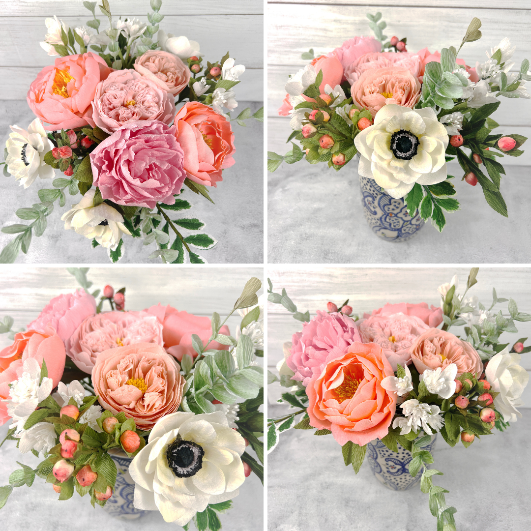 A collage of four images showing a floral arrangement of pink, white, and peach flowers in a decorative blue and white vase against a light gray background.