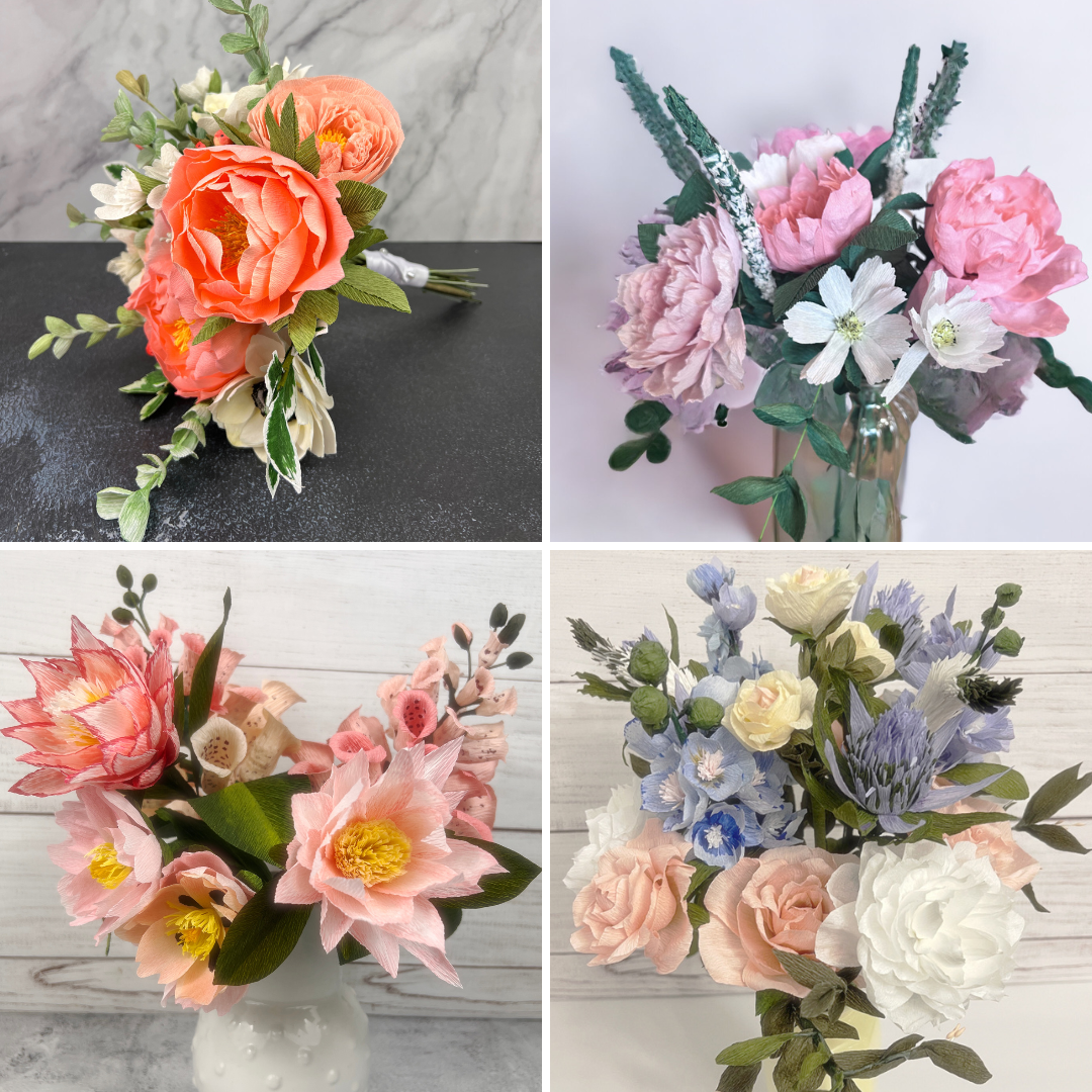 Collection of four artificial floral arrangements with pink, peach, white, and purple flowers in various vases.