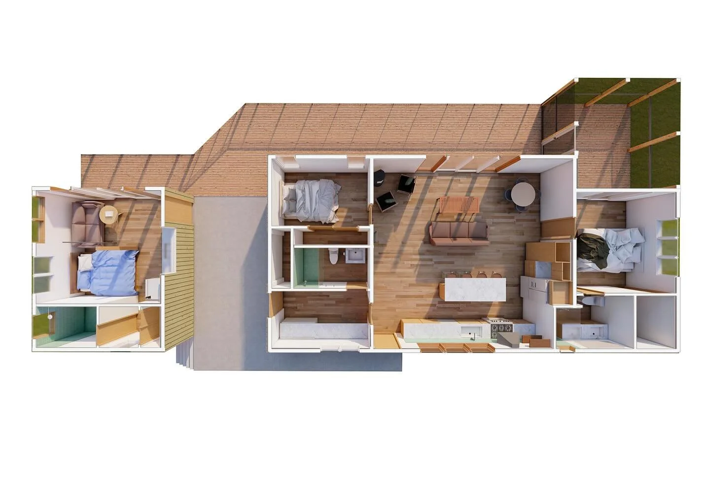 Floor plan for a dogtrot dwelling&mdash; the primary house is on the right, connected by a breezeway to a lofted studio to the left. Set to be built in Red River Gorge, Kentucky.