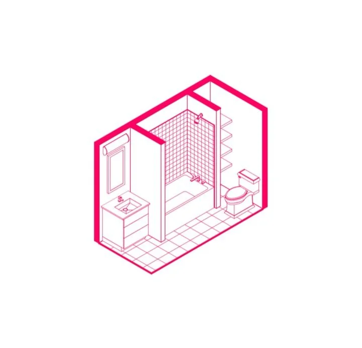 Working on updating this windowless bathroom in a 1920s home! The challenge is to keep it from looking too modern while bringing it forward in time and opening up the small space. Pink is the existing condition. Swipe for a final rendering 🫧
