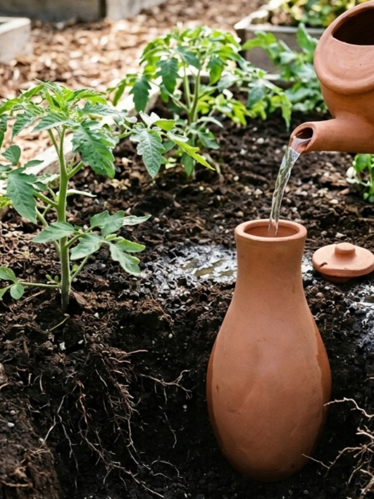 Hand-built terracotta sweat pot olla for garden irrigation by Gnomestead Pottery.