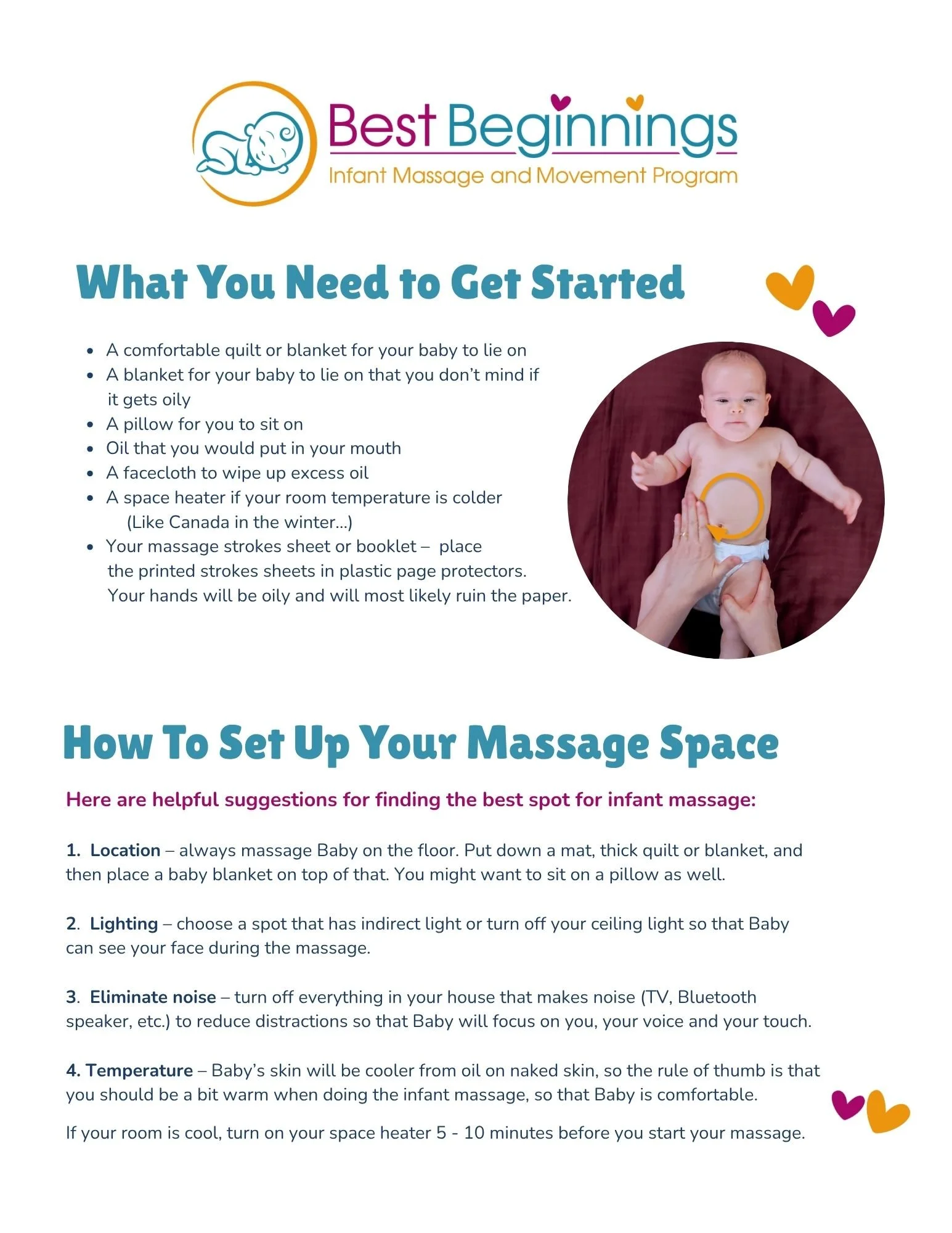 Baby massage stroke sheet guide showing simple techniques to help parents remember strokes and practice at home