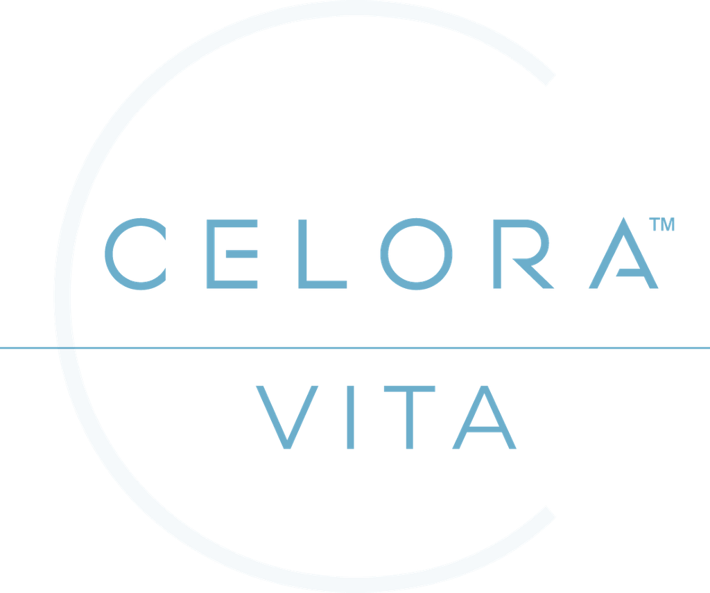 Logo for Celora Vita featuring a stylized letter C with the brand name inside and above a curved line.