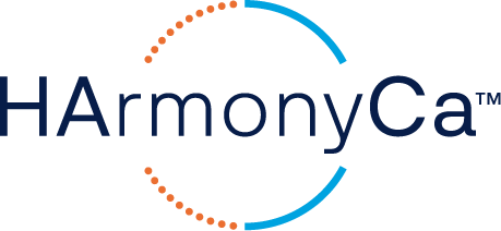 HarmonyCa logo with stylized dotted semicircles in orange and blue around the text