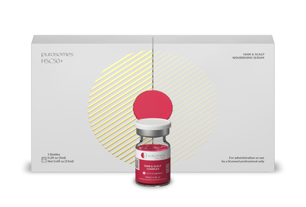 A box of Purasomes HSC50+ hair and scalp nourishing serum with a small vial in front, featuring a red lid and label, against a light background with yellow circular lines.