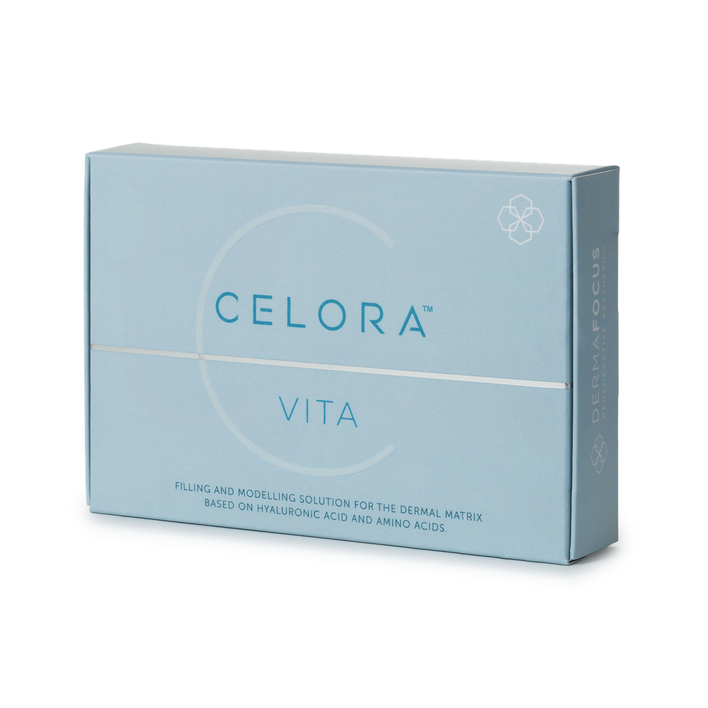 Light blue box of Celora Vita dermal filler product.